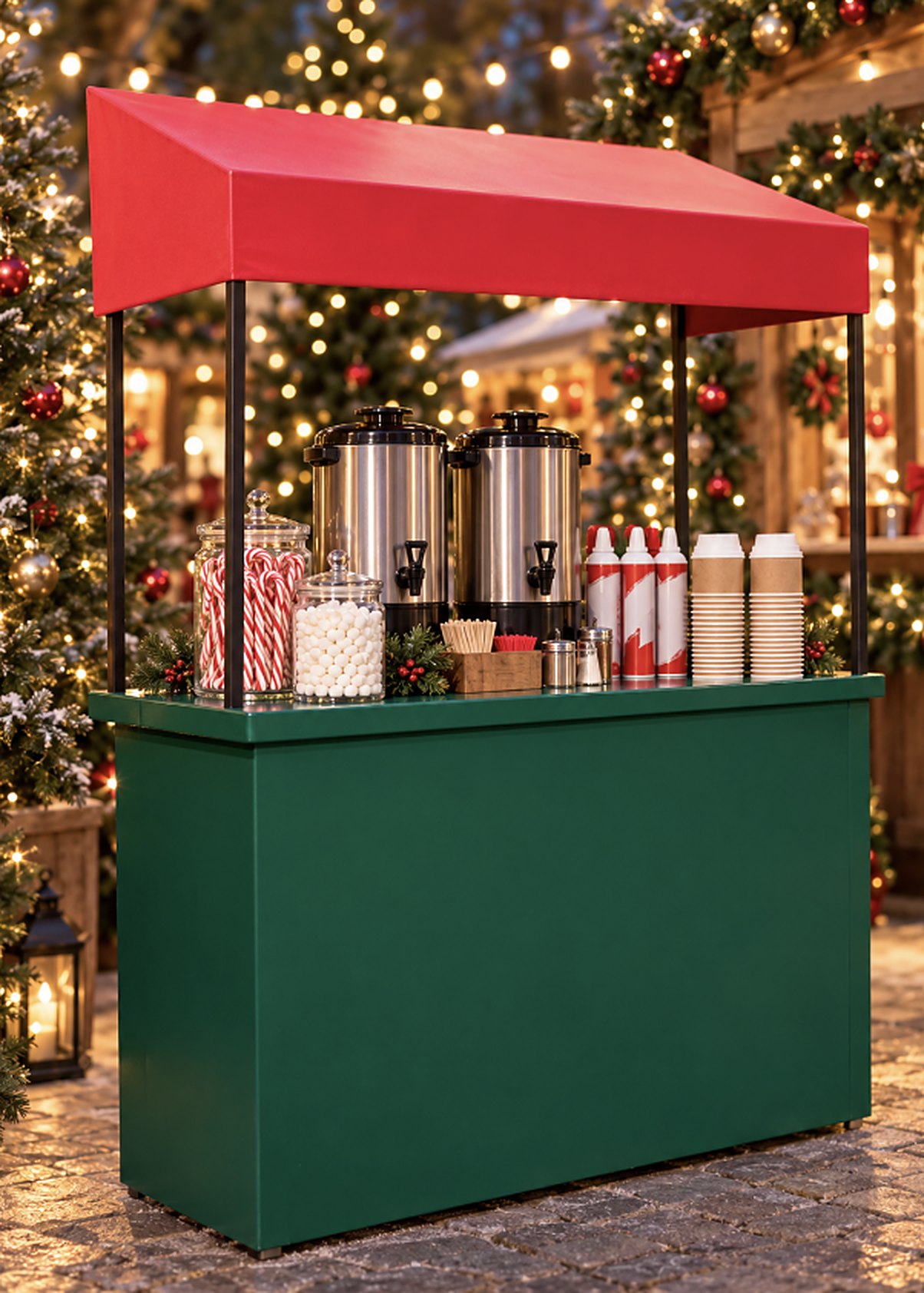 Red-awning hot cocoa cart with cocoa urns, candy canes, marshmallows and whipped cream