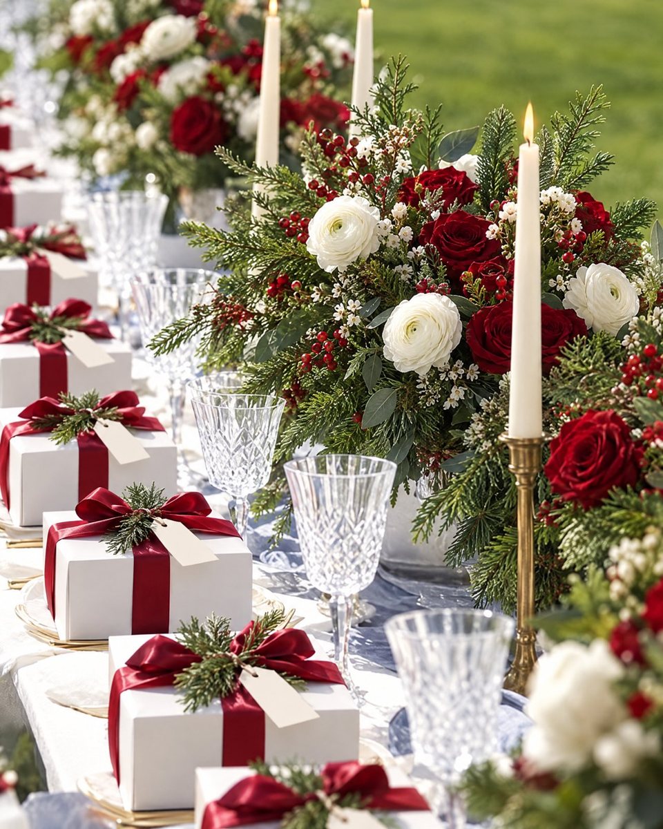 White gift boxes tied with red ribbon