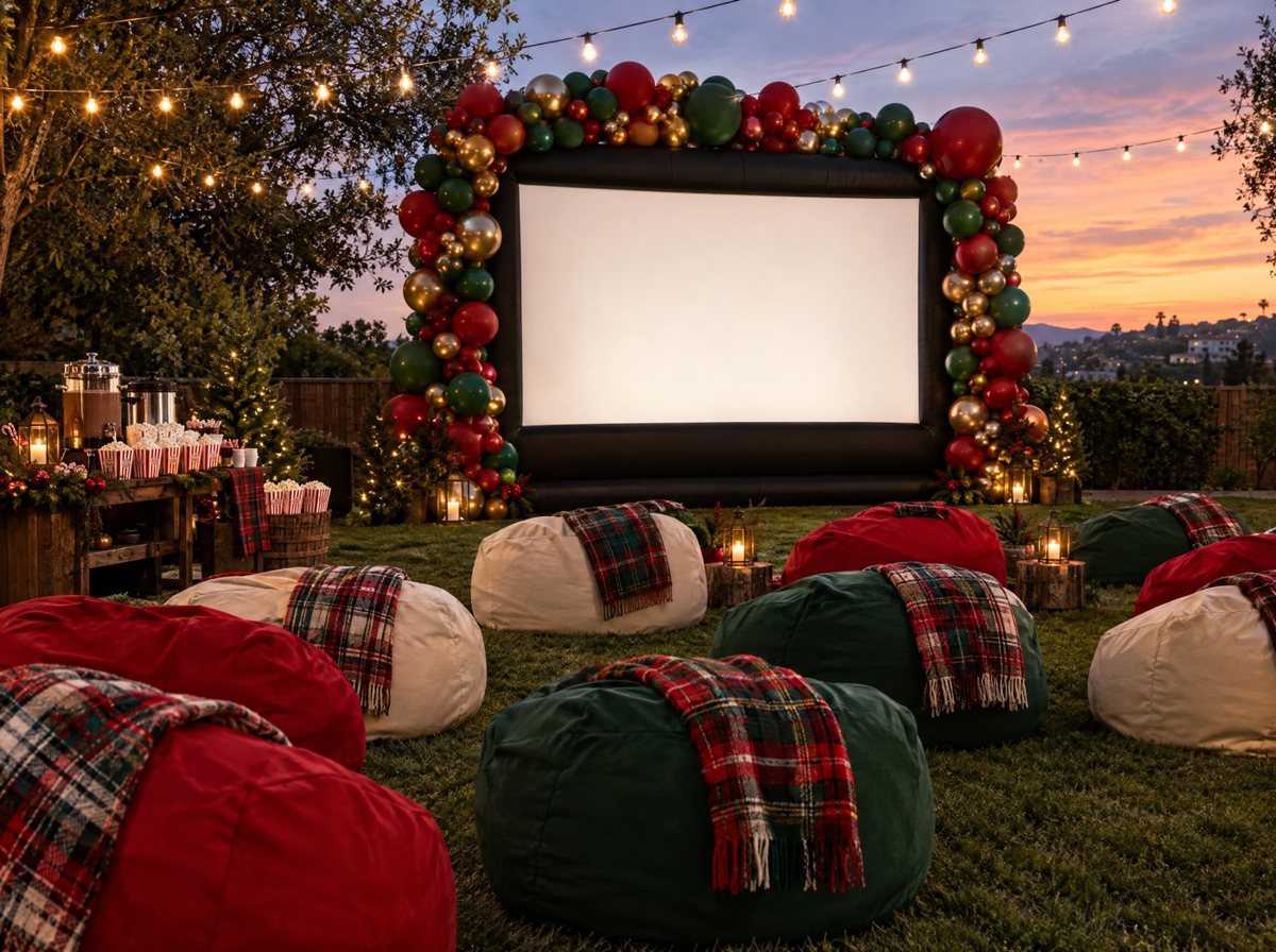 Movie screen framed by a red, green and gold balloon garland with bean bags
