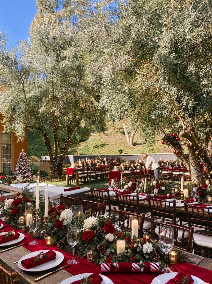 Long family holiday table under olive trees