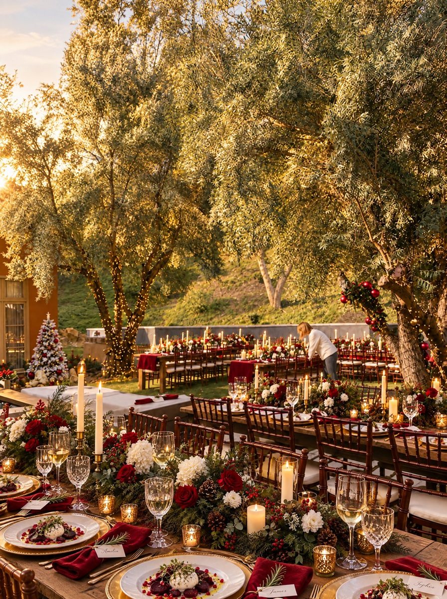 Plated holiday dinner on a long table