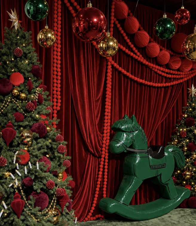 Red velvet holiday set with a green rocking horse, pom-pom garlands and giant ornaments