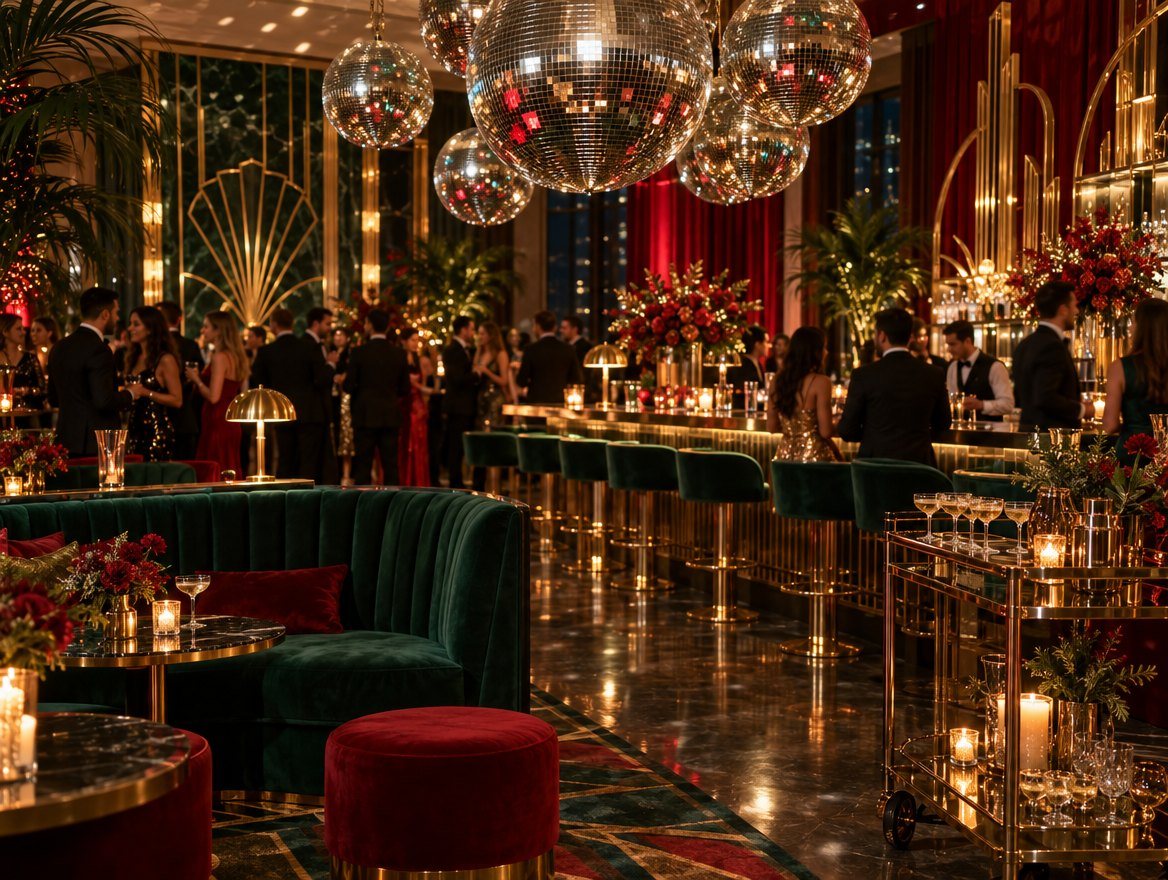 Glamorous holiday lounge with mirror disco balls