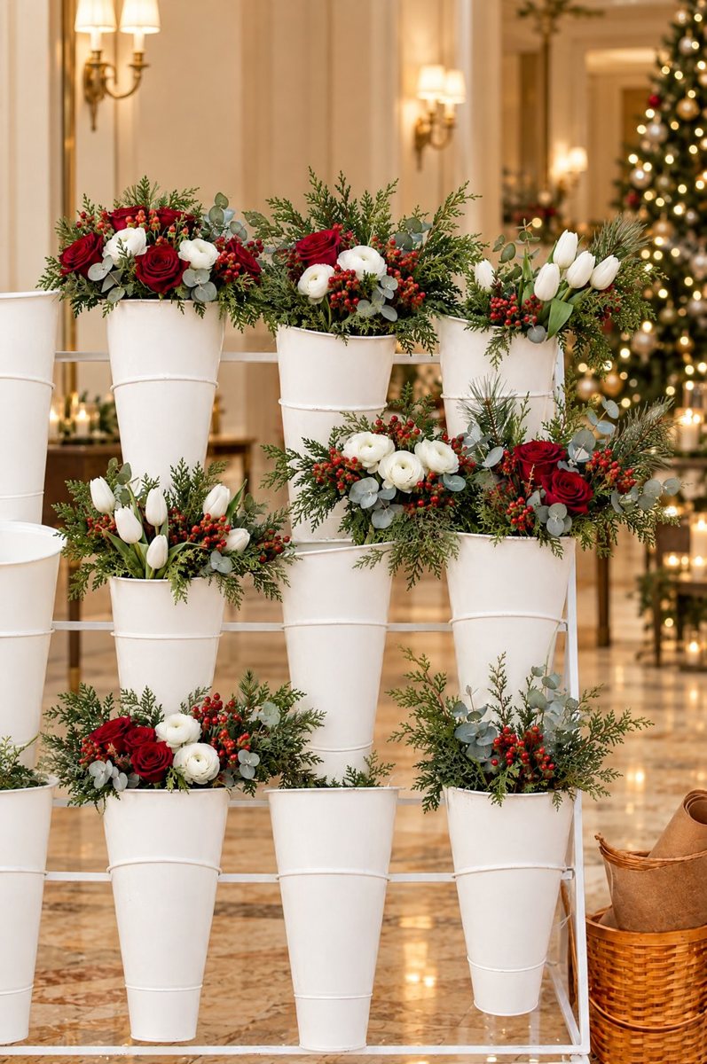 Holiday bloom bar with red and white stems in a hotel lobby