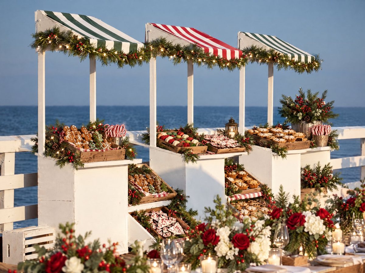 Three striped-awning market carts styled with holiday treats and evergreen garland
