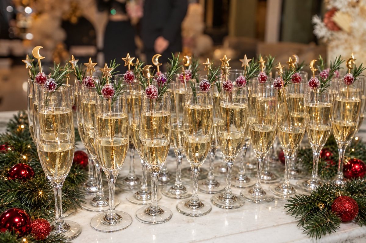 Champagne flutes topped with cotton candy and star picks