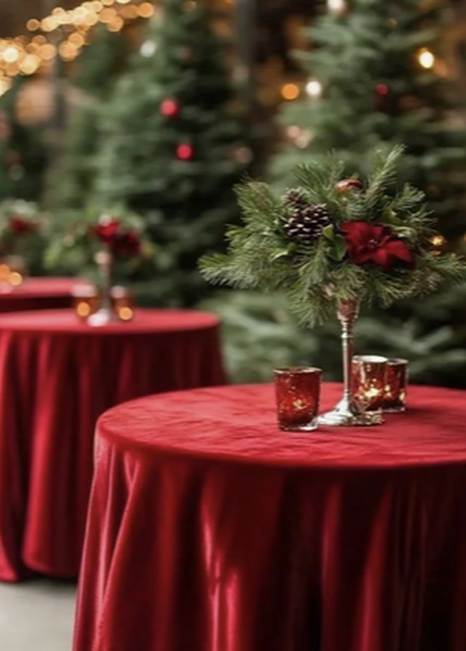 Cocktail tables in red velvet linens with evergreen and red floral centerpieces and votive candles