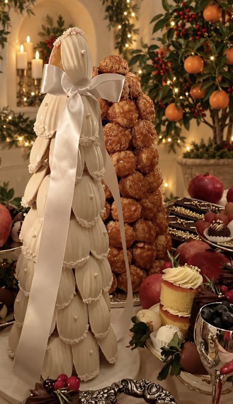 Croquembouche and white chocolate madeleine towers tied with satin ribbon