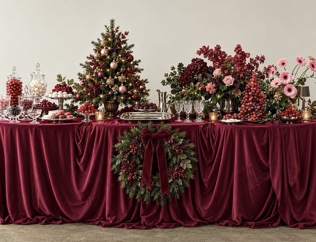 Burgundy velvet dessert table with candy jars, a mini tree, florals and a wreath with a velvet bow