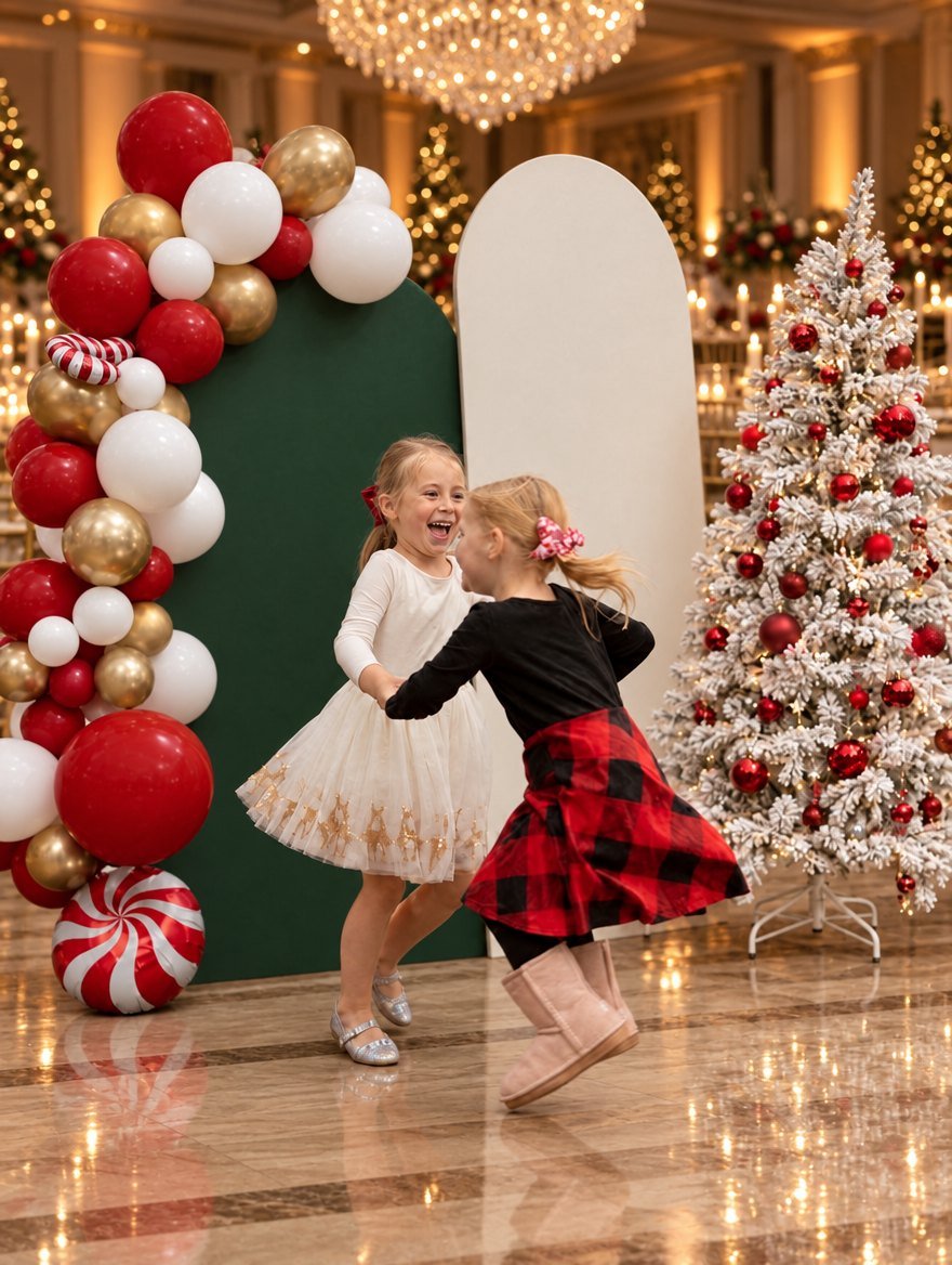 Holiday balloon backdrop with flocked tree in a ballroom