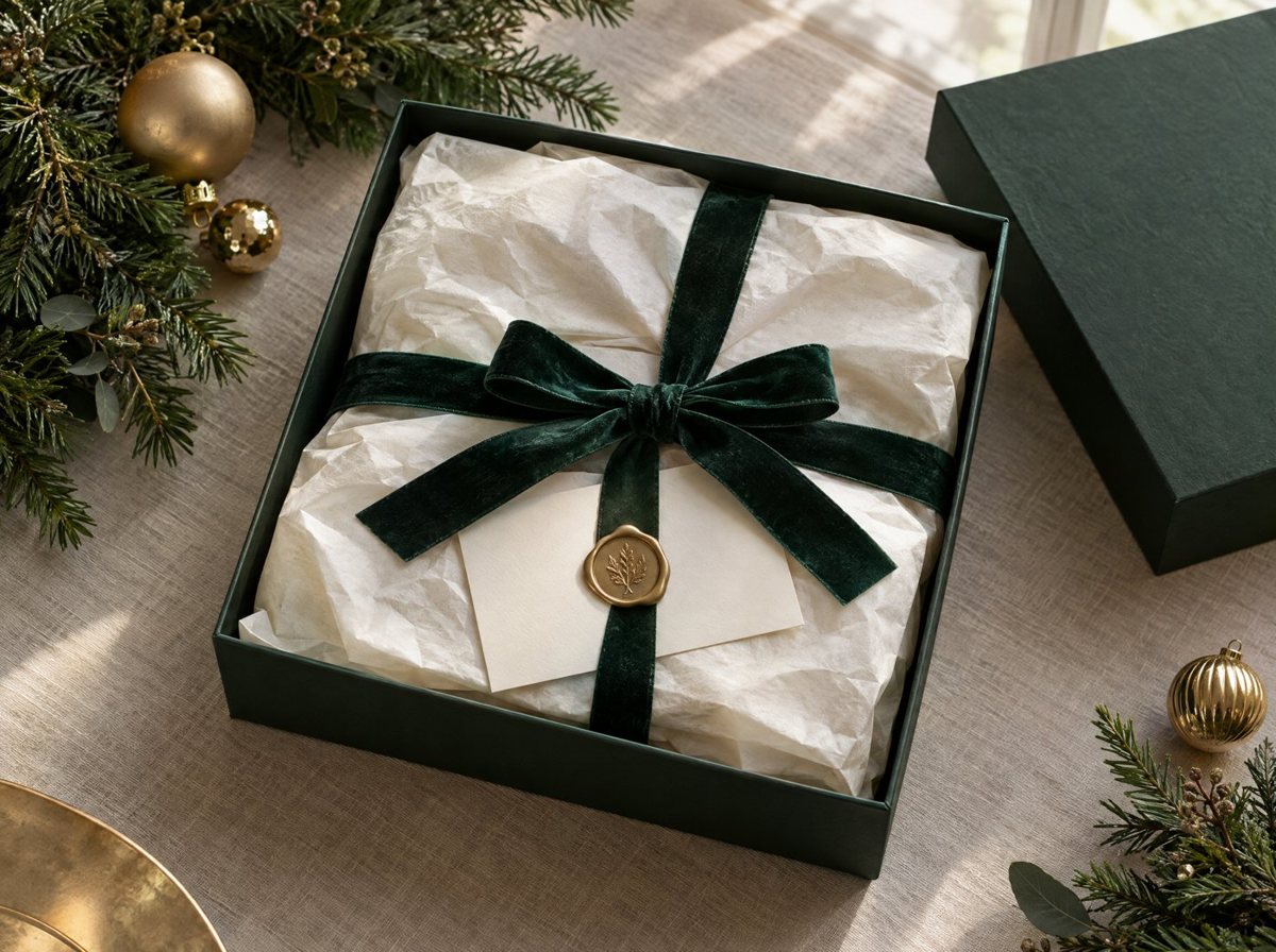 Curated gift box in tissue with a wax-sealed card