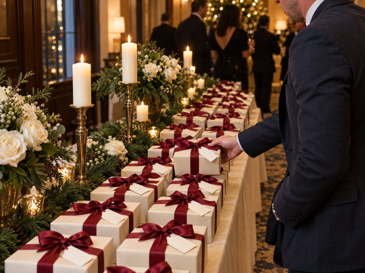 Styled departure gift table with wrapped gifts and evergreen