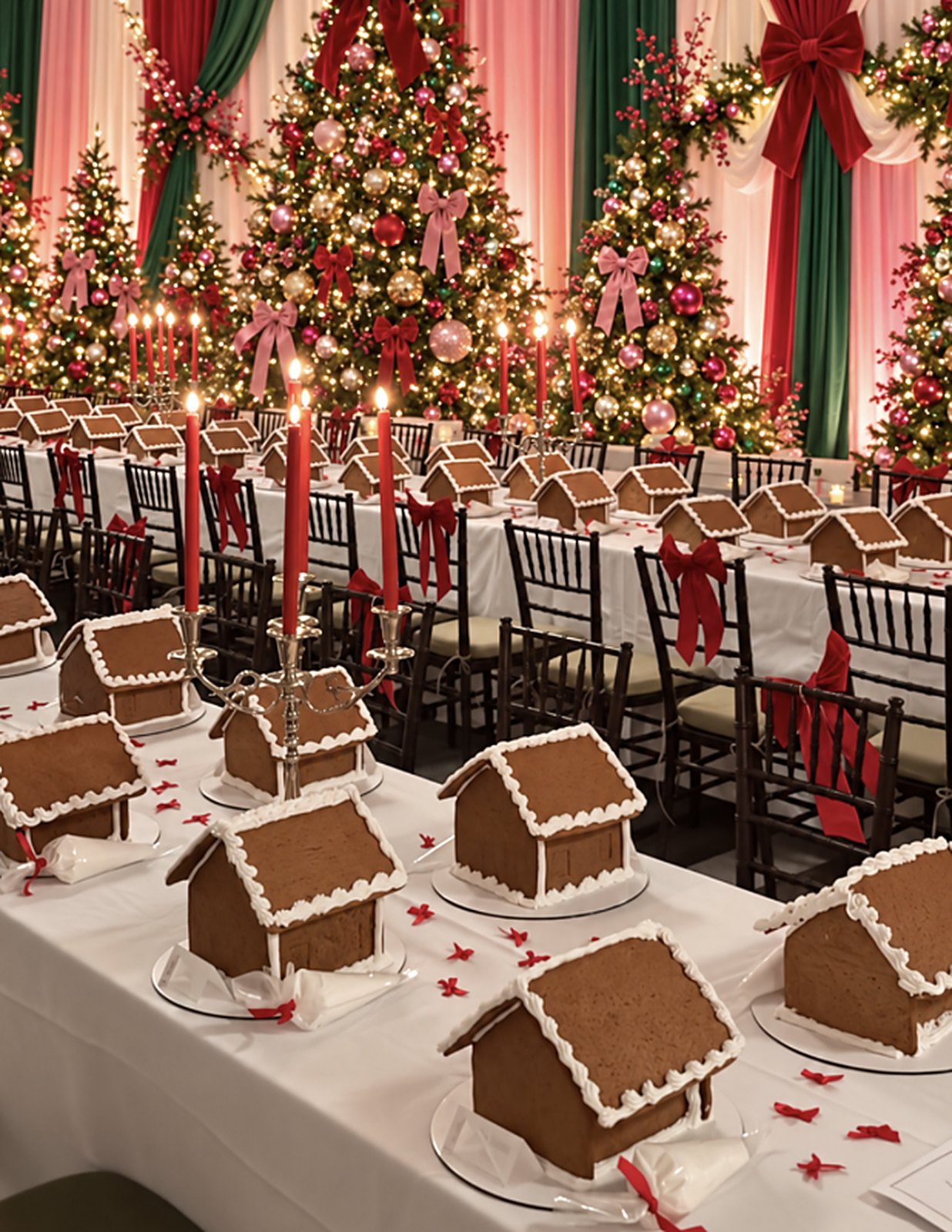 Banquet tables set with a gingerbread house at every seat, red taper candles and lit Christmas trees