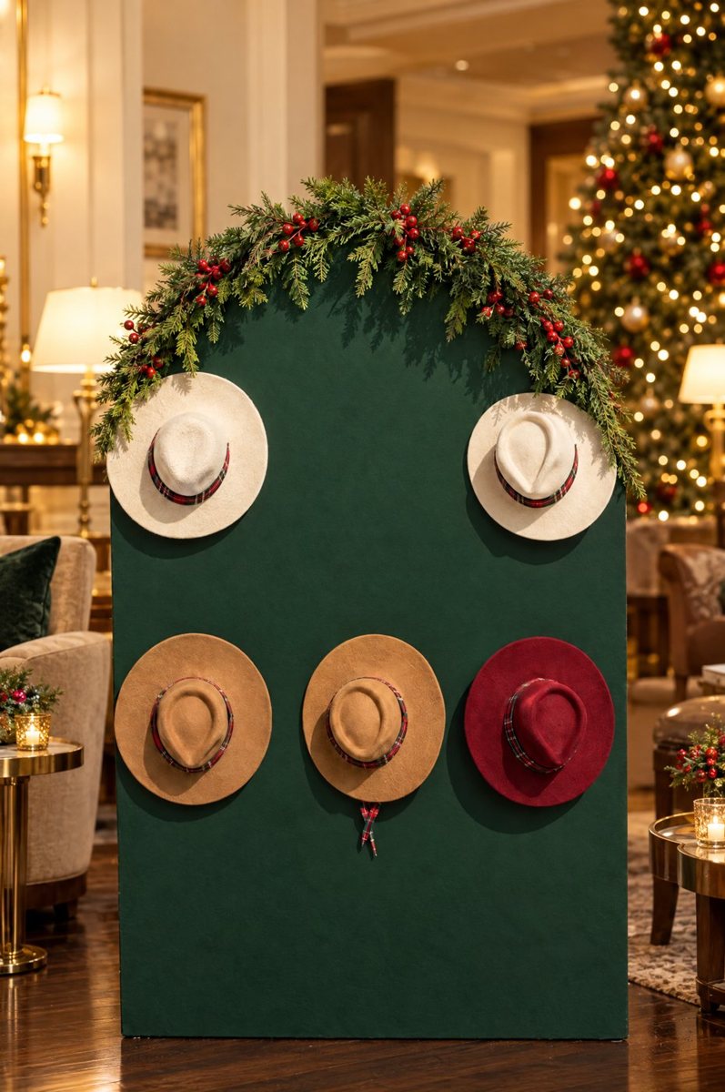 Evergreen arched panel displaying felt hats under garland