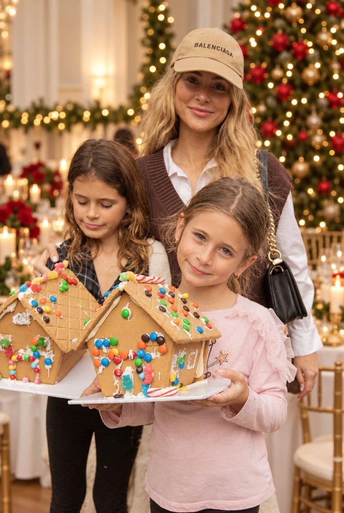 Kids with finished gingerbread houses at a holiday family day