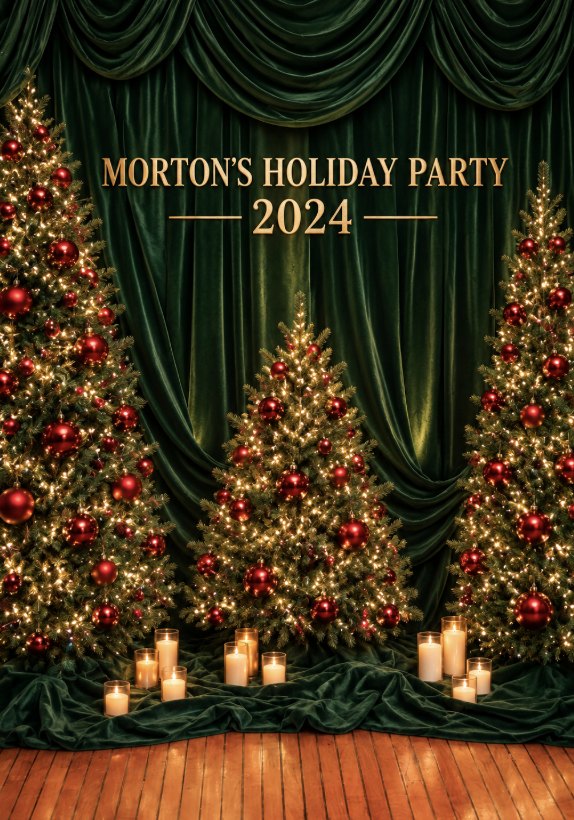Green velvet drape behind three lit Christmas trees with candles and a gold company greeting