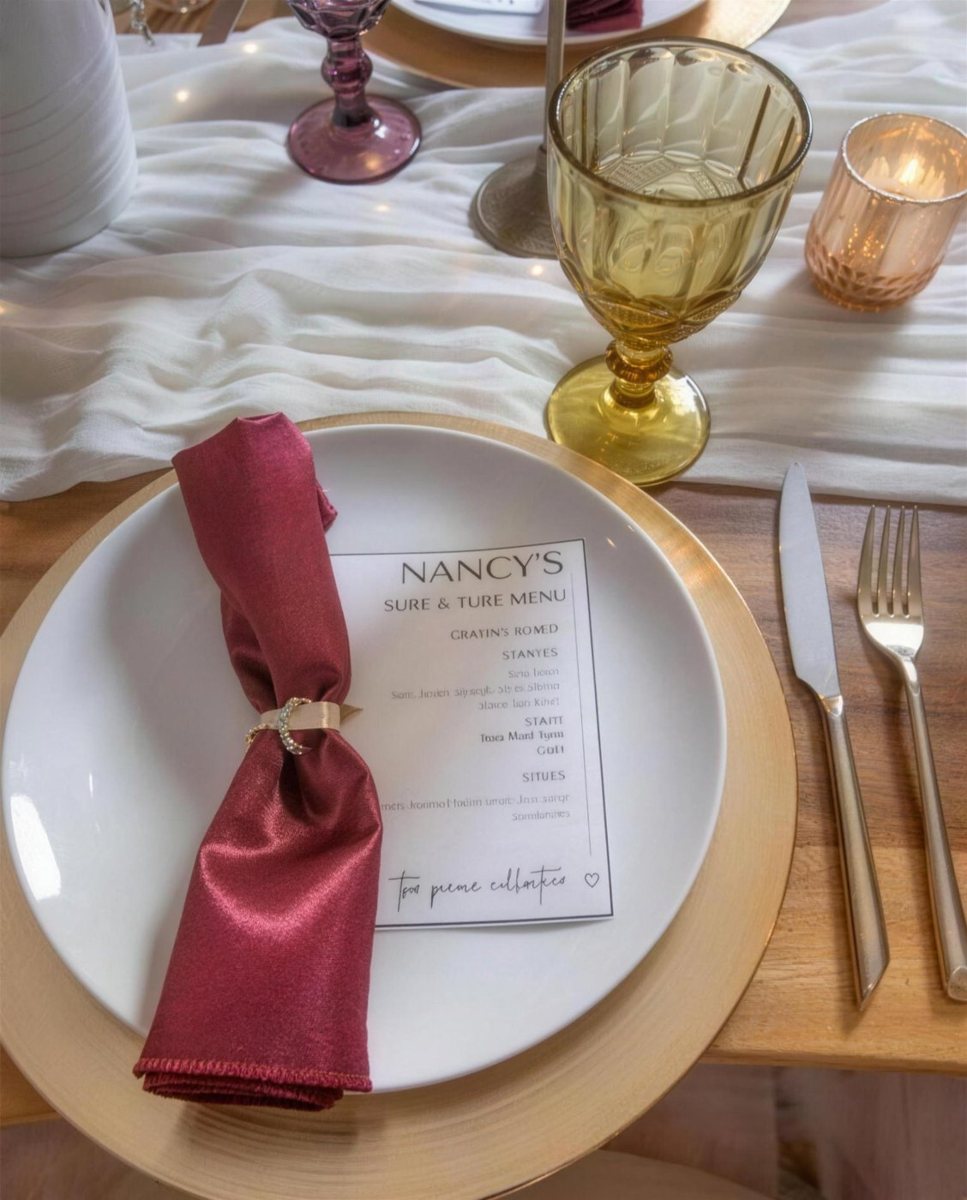 Place setting with gold charger, crimson napkin and printed menu