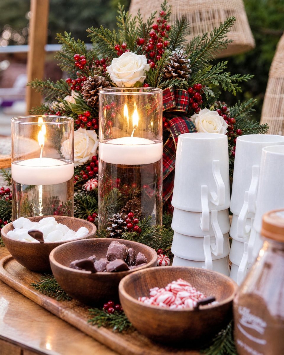 S'mores and cocoa station with candles and evergreen